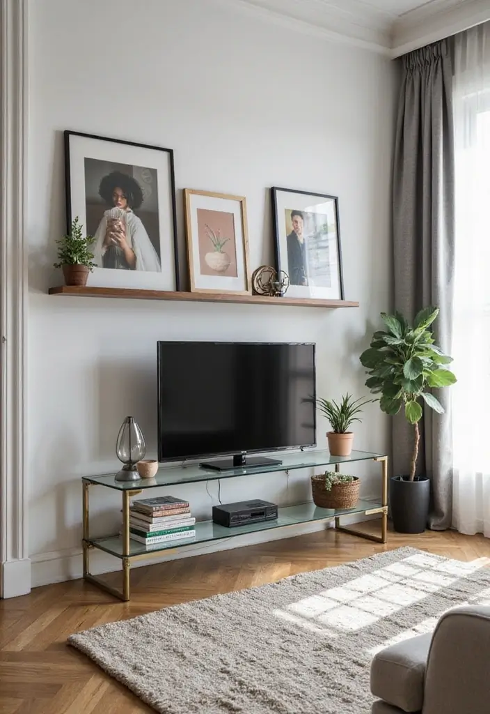 25 Glass TV Stand Decor Ideas That Keep It Minimal and Elegant 67 25 Glass TV Stand Decor Ideas That Keep It Minimal and Elegant - 25. Customized Artwork Display