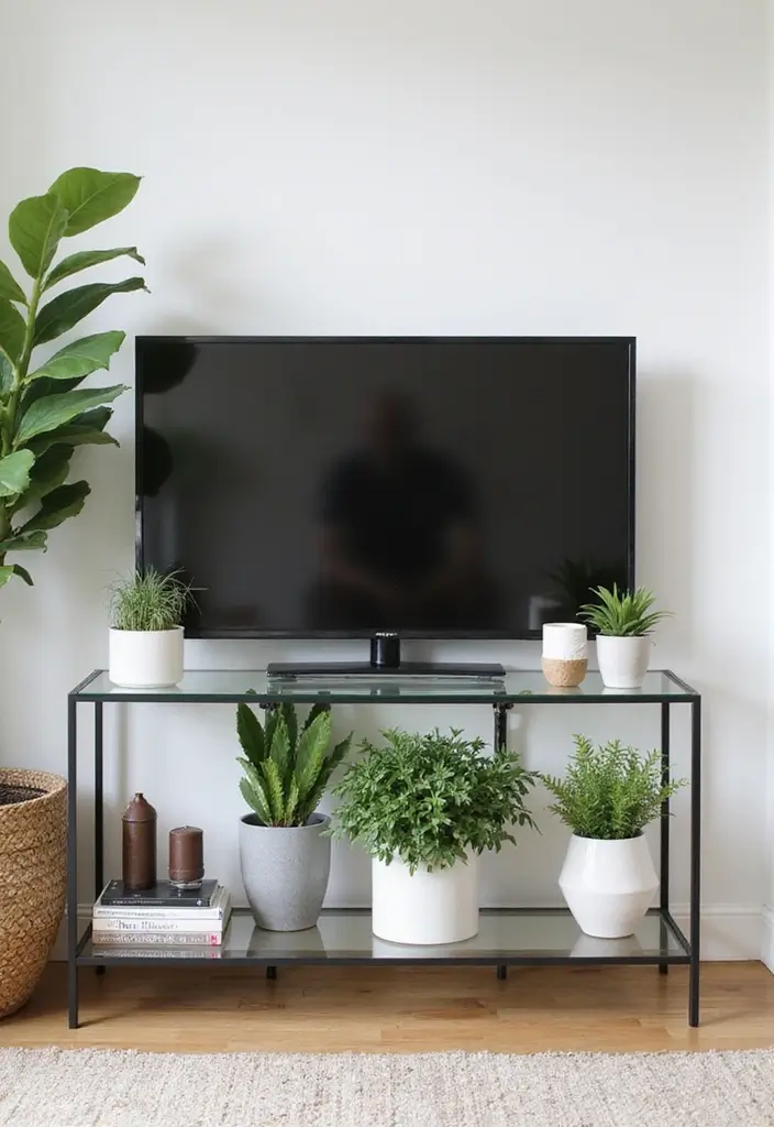 25 Glass TV Stand Decor Ideas That Keep It Minimal and Elegant 3 25 Glass TV Stand Decor Ideas That Keep It Minimal and Elegant - 3. Statement Plants