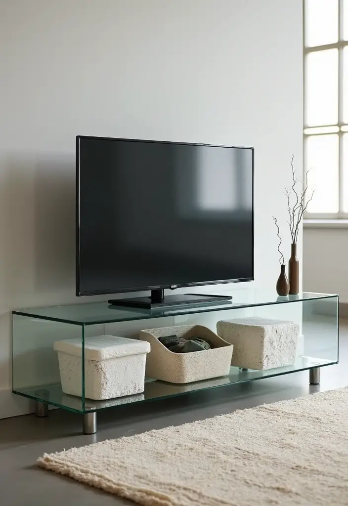 25 Glass TV Stand Decor Ideas That Keep It Minimal and Elegant 8 25 Glass TV Stand Decor Ideas That Keep It Minimal and Elegant - 4. Decorative Boxes for Storage