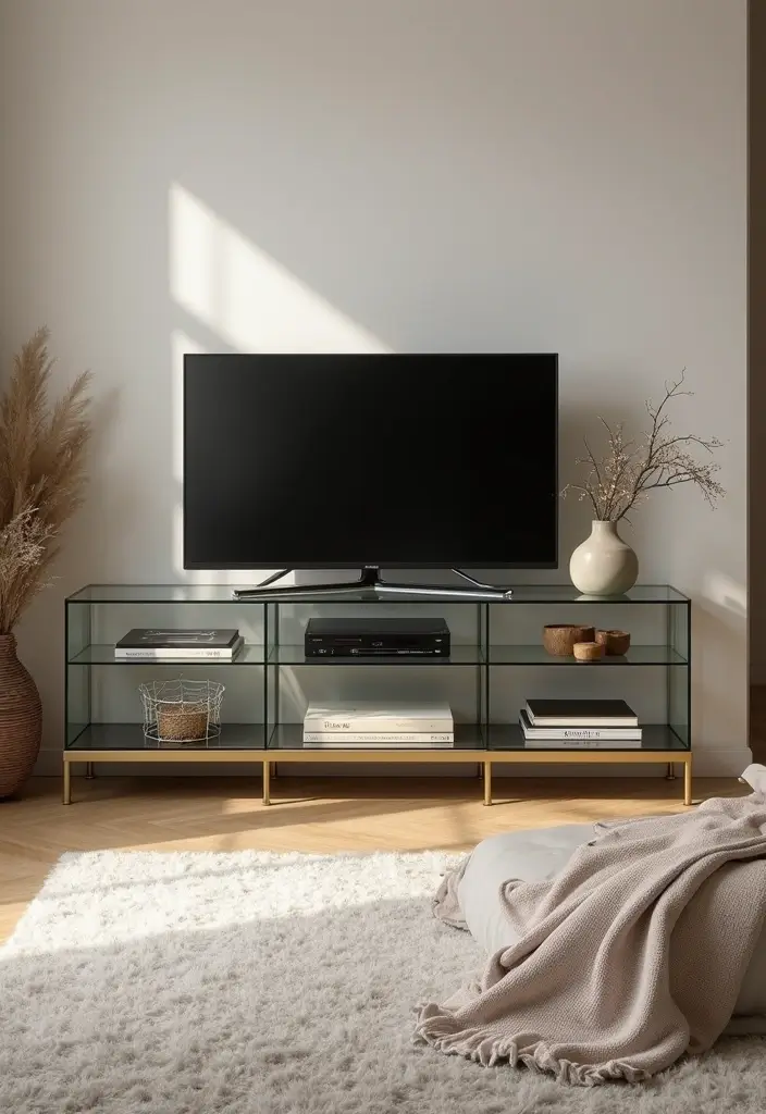 25 Glass TV Stand Decor Ideas That Keep It Minimal and Elegant 9 25 Glass TV Stand Decor Ideas That Keep It Minimal and Elegant - 5. Layered Textures