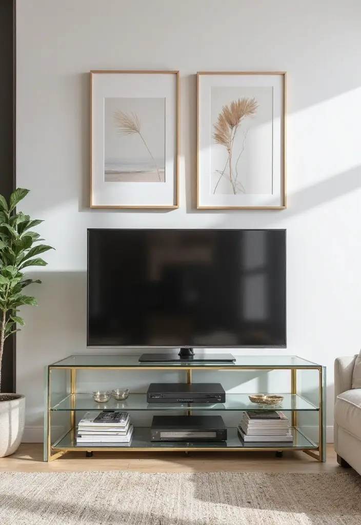 25 Glass TV Stand Decor Ideas That Keep It Minimal and Elegant 12 25 Glass TV Stand Decor Ideas That Keep It Minimal and Elegant - 6. Minimalist Art Pieces