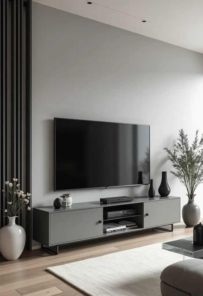 25 Glass TV Stand Decor Ideas That Keep It Minimal and Elegant 13 25 Glass TV Stand Decor Ideas That Keep It Minimal and Elegant - 7. Monochromatic Theme