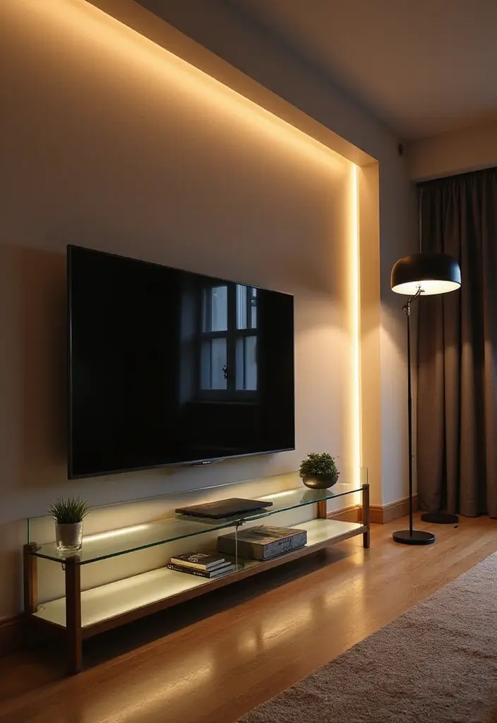 25 Glass TV Stand Decor Ideas That Keep It Minimal and Elegant 14 25 Glass TV Stand Decor Ideas That Keep It Minimal and Elegant - 8. Minimal Lighting Solutions