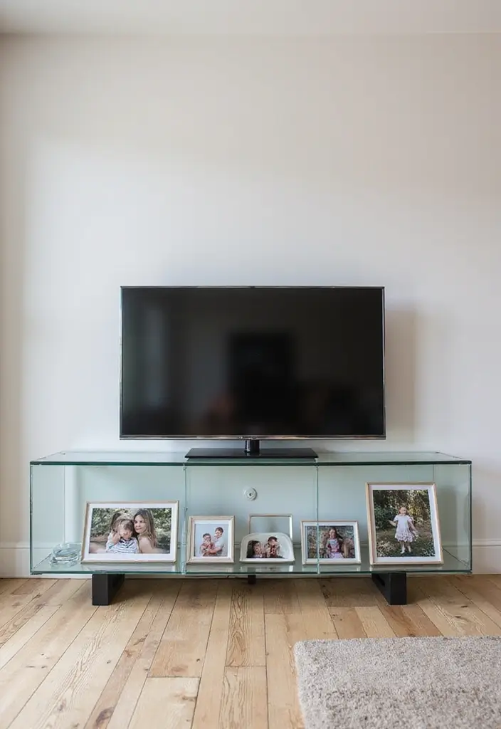 25 Glass TV Stand Decor Ideas That Keep It Minimal and Elegant 21 25 Glass TV Stand Decor Ideas That Keep It Minimal and Elegant - 9. Personal Touch with Family Photos