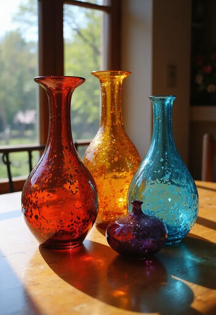 25 Glass Vase Centerpiece Ideas That Brighten Up Any Table - 12. Multicolored Stained Glass Vases