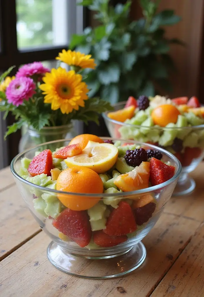 25 Glass Vase Centerpiece Ideas That Brighten Up Any Table - 14. Layered Glass Bowls Filled with Colorful Elements