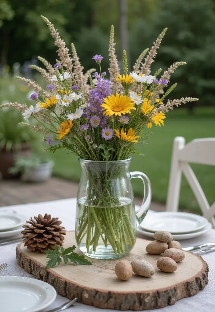 25 Glass Vase Centerpiece Ideas That Brighten Up Any Table - 15. Rustic Glass Jugs with Wildflowers
