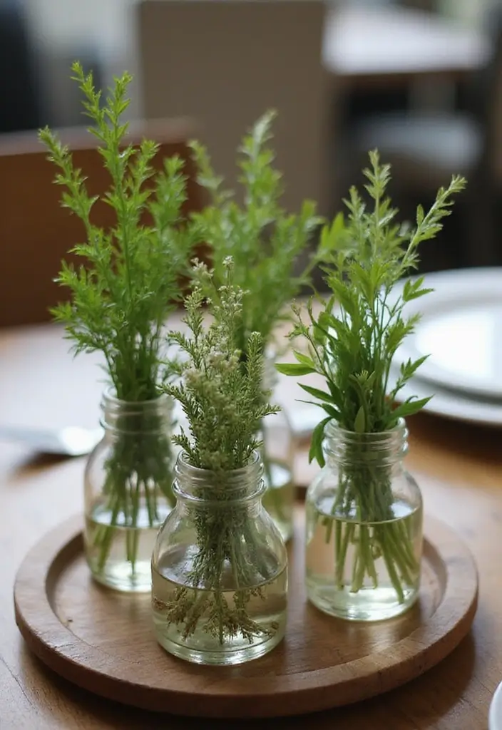 25 Glass Vase Centerpiece Ideas That Brighten Up Any Table - 16. Mini Glass Vases with Herb Sprigs