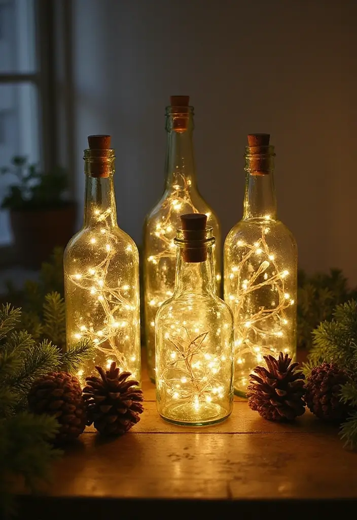 25 Glass Vase Centerpiece Ideas That Brighten Up Any Table - 2. Upcycled Vintage Bottles with Twinkling Fairy Lights