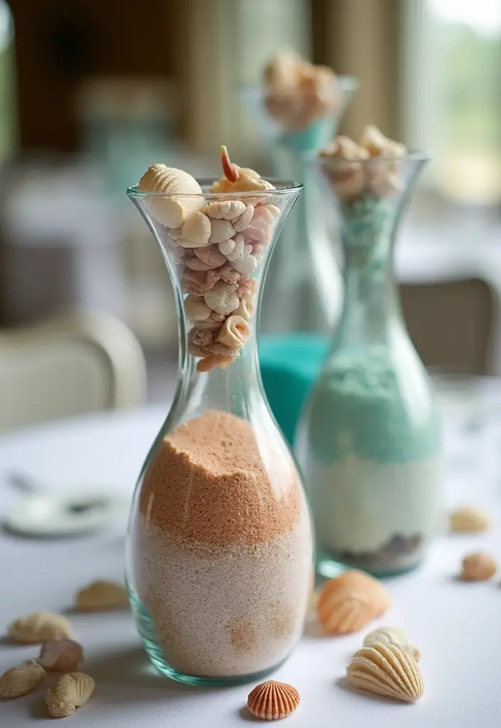 25 Glass Vase Centerpiece Ideas That Brighten Up Any Table - 23. Glass Vases with Layered Sand and Shells