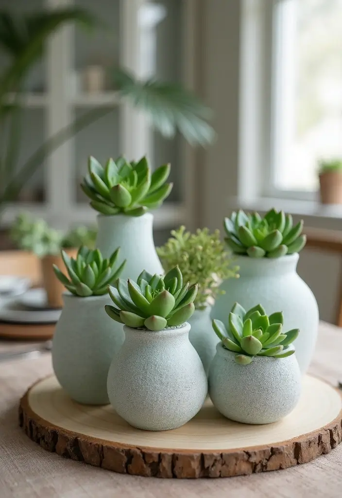 25 Glass Vase Centerpiece Ideas That Brighten Up Any Table - 24. Frosted Glass Vases with Succulent Arrangements