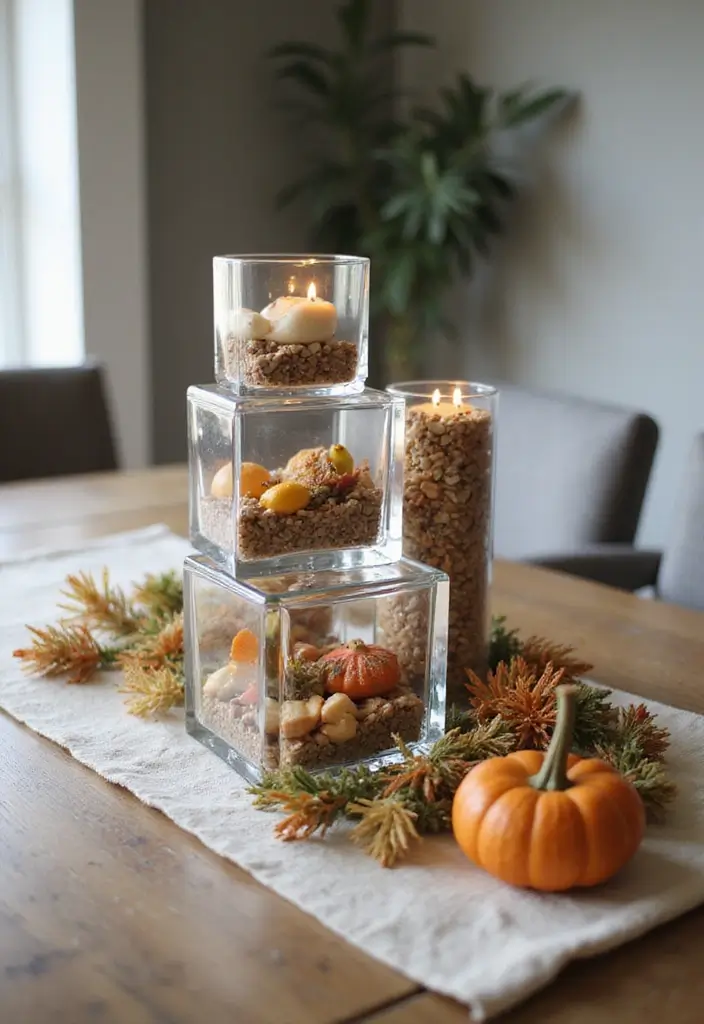 25 Glass Vase Centerpiece Ideas That Brighten Up Any Table - 25. Glass Blocks with Seasonal Decor