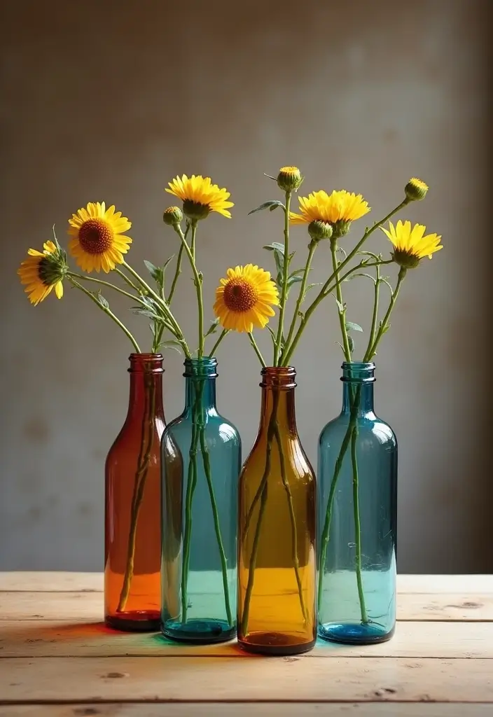 25 Glass Vase Centerpiece Ideas That Brighten Up Any Table - 4. Colorful Glass Bottles as Single Stem Vases