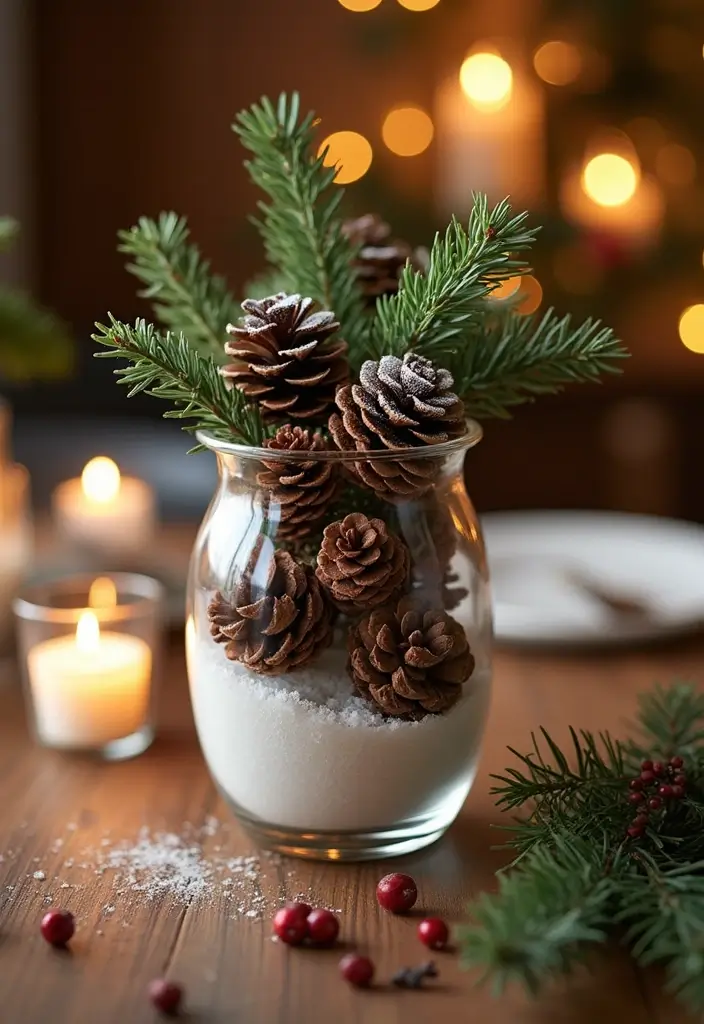 25 Glass Vase Christmas Decor Ideas for Holiday Inspiration 1 25 Glass Vase Christmas Decor Ideas for Holiday Inspiration - 1. Snowy Pinecone Centerpiece