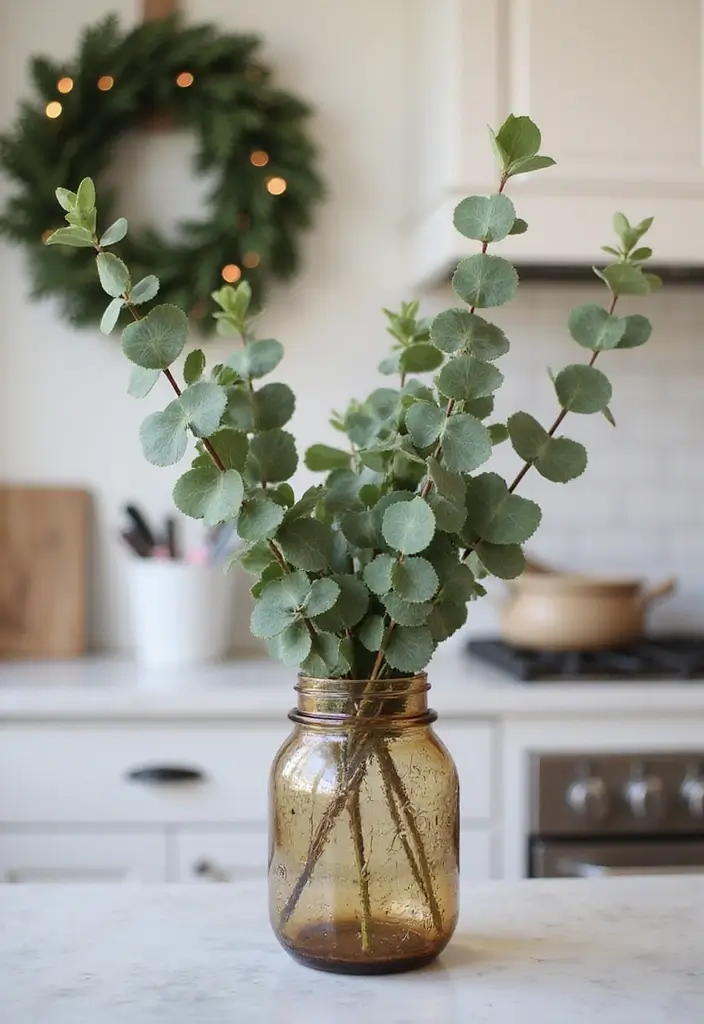 25 Glass Vase Christmas Decor Ideas for Holiday Inspiration 8 25 Glass Vase Christmas Decor Ideas for Holiday Inspiration - 6. Rustic Jar with Eucalyptus
