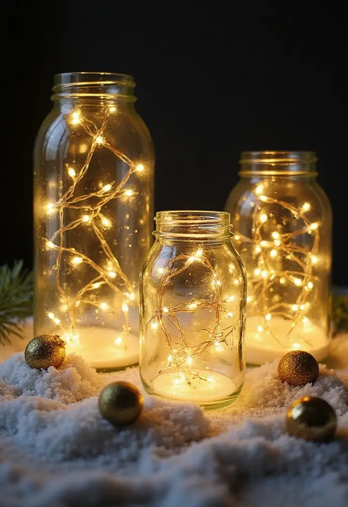 25 Glass Vase Christmas Decor Ideas for Holiday Inspiration 9 25 Glass Vase Christmas Decor Ideas for Holiday Inspiration - 7. Glass Jars with Fairy Lights
