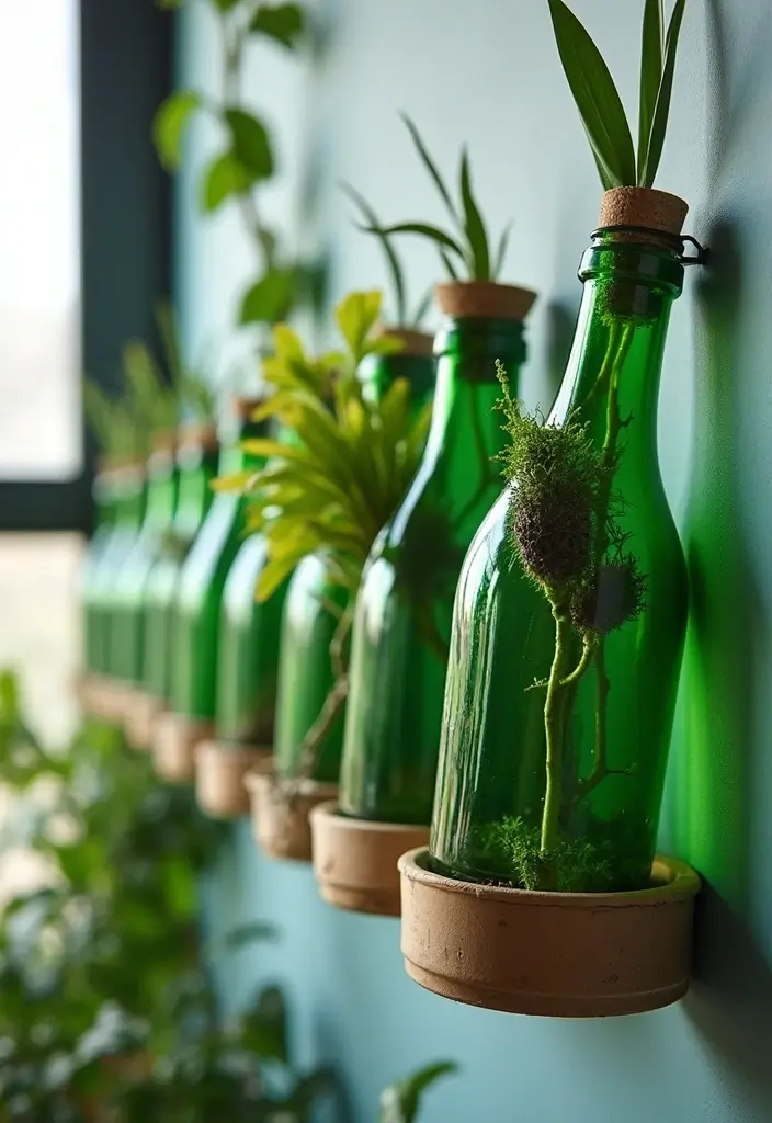 25 Green Glass Bottle Decor Ideas for Nature-Inspired Homes - 11. Glass Bottle Wall Planters