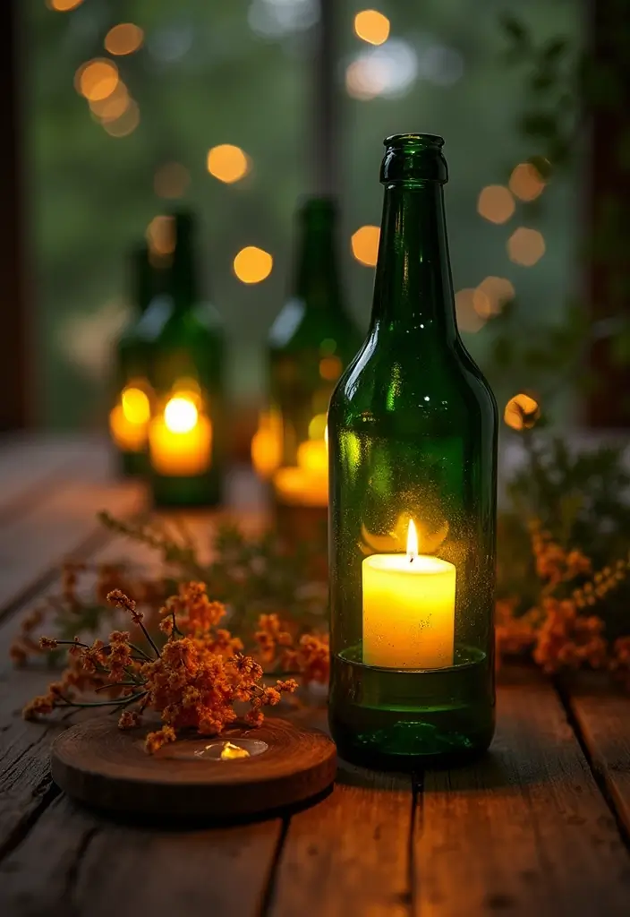 25 Green Glass Bottle Decor Ideas for Nature-Inspired Homes - 12. Green Glass Bottle Candle Lanterns