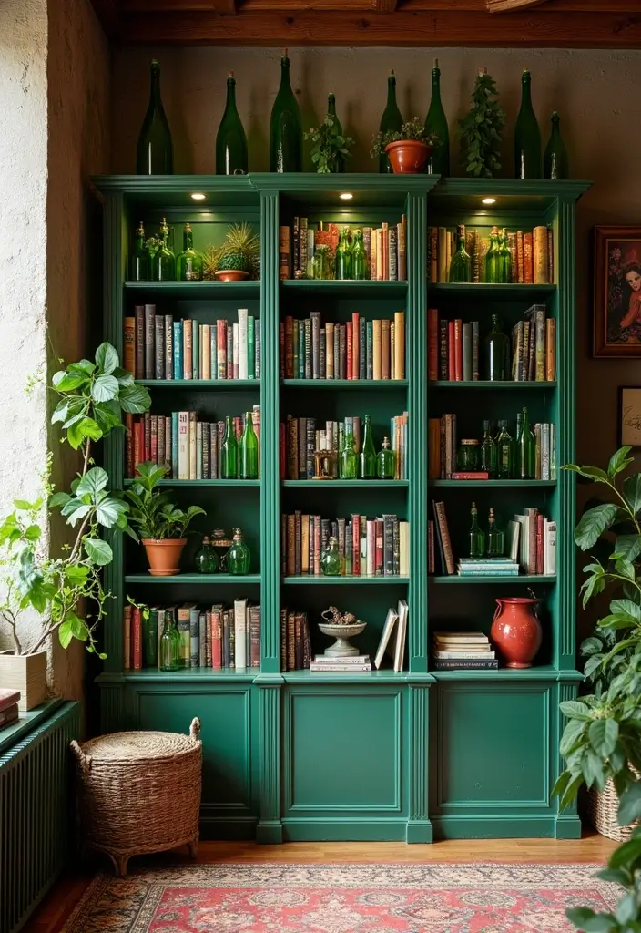 25 Green Glass Bottle Decor Ideas for Nature-Inspired Homes - 13. Green Glass Bottle Displays on Bookshelves