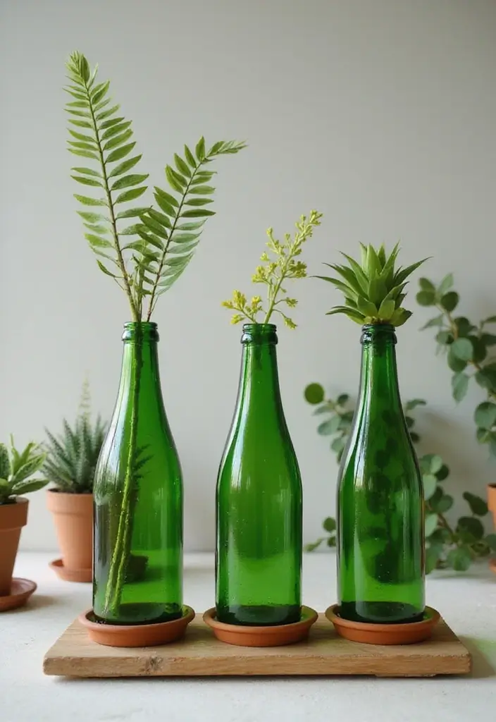 25 Green Glass Bottle Decor Ideas for Nature-Inspired Homes - 14. Green Glass Bottle Terracotta Stands