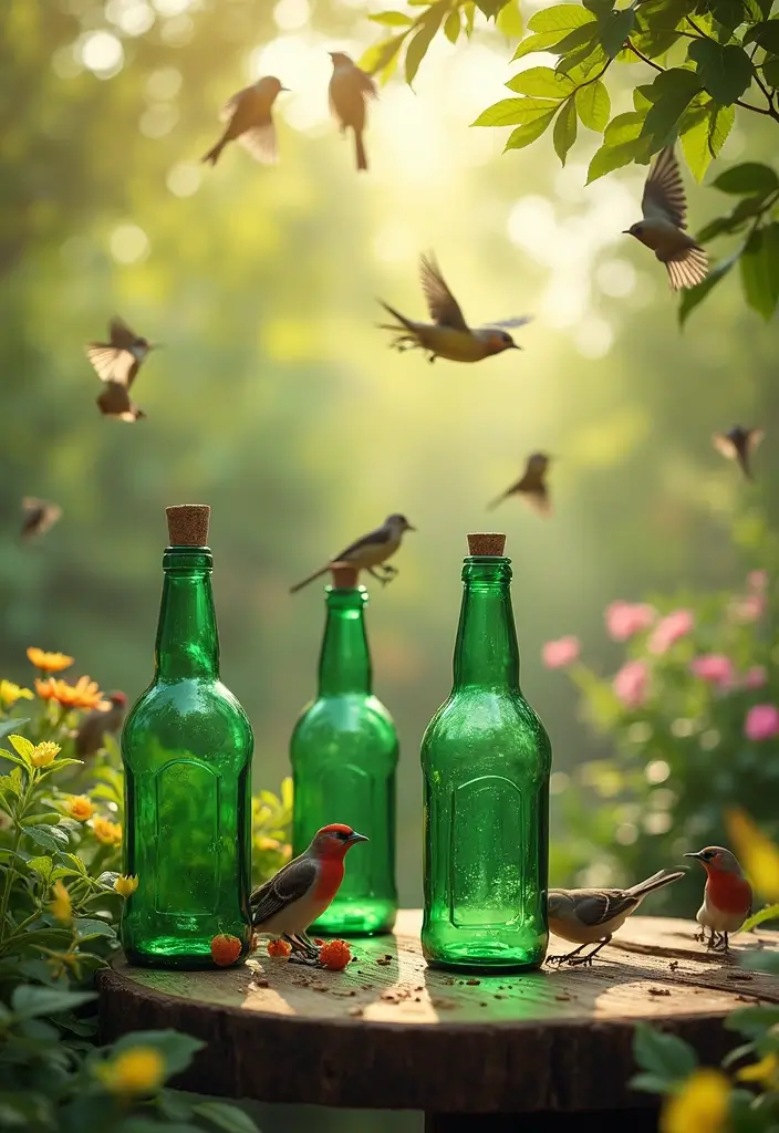 25 Green Glass Bottle Decor Ideas for Nature-Inspired Homes - 17. Green Glass Bottle Bird Feeders