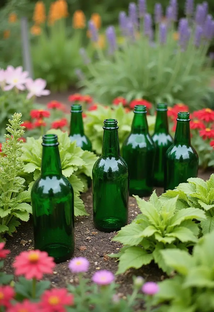 25 Green Glass Bottle Decor Ideas for Nature-Inspired Homes - 19. Green Glass Bottle Garden Markers