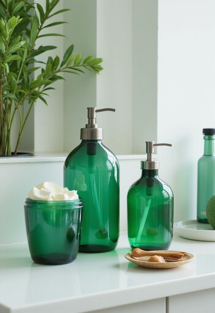 25 Green Glass Bottle Decor Ideas for Nature-Inspired Homes - 20. Green Glass Bottle Bathroom Accessories