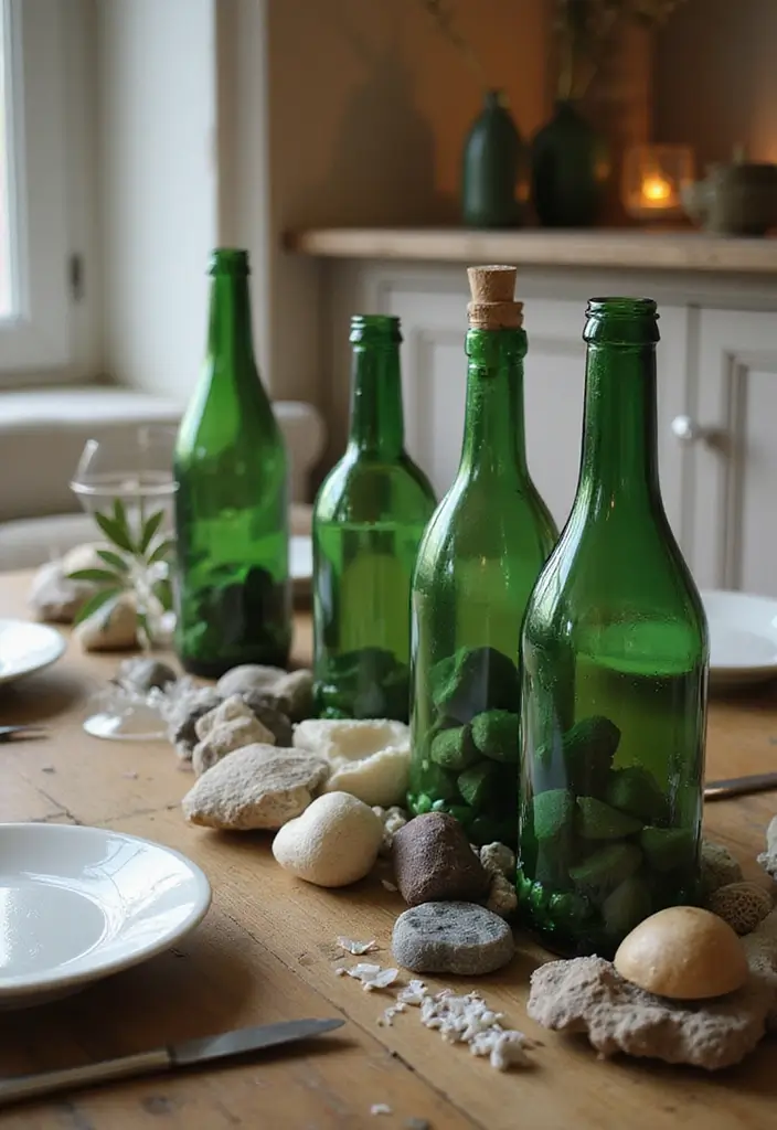 25 Green Glass Bottle Decor Ideas for Nature-Inspired Homes - 22. Green Glass Bottle Table Accents