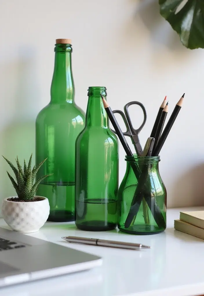 25 Green Glass Bottle Decor Ideas for Nature-Inspired Homes - 23. Green Glass Bottle Desk Organizers