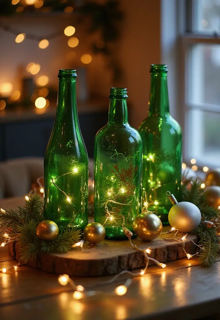 25 Green Glass Bottle Decor Ideas for Nature-Inspired Homes - 25. Green Glass Bottle Holiday Decor