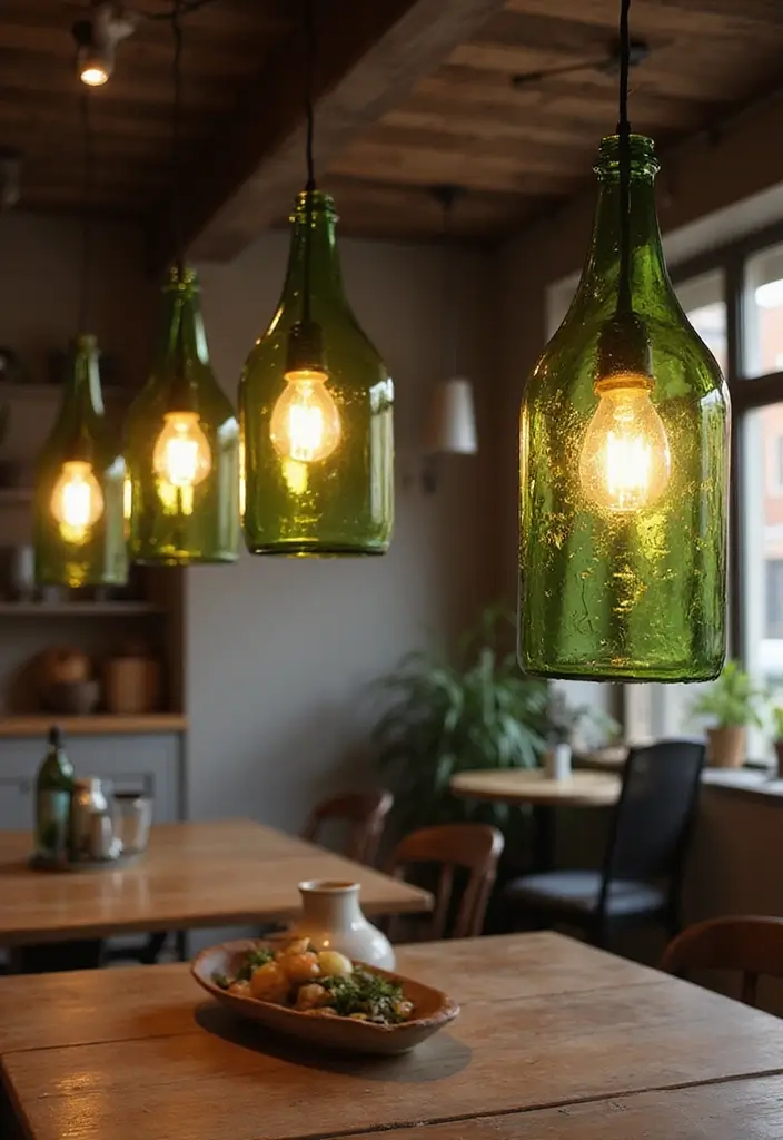 25 Green Glass Bottle Decor Ideas for Nature-Inspired Homes - 3. Recycled Bottle Pendant Lamps