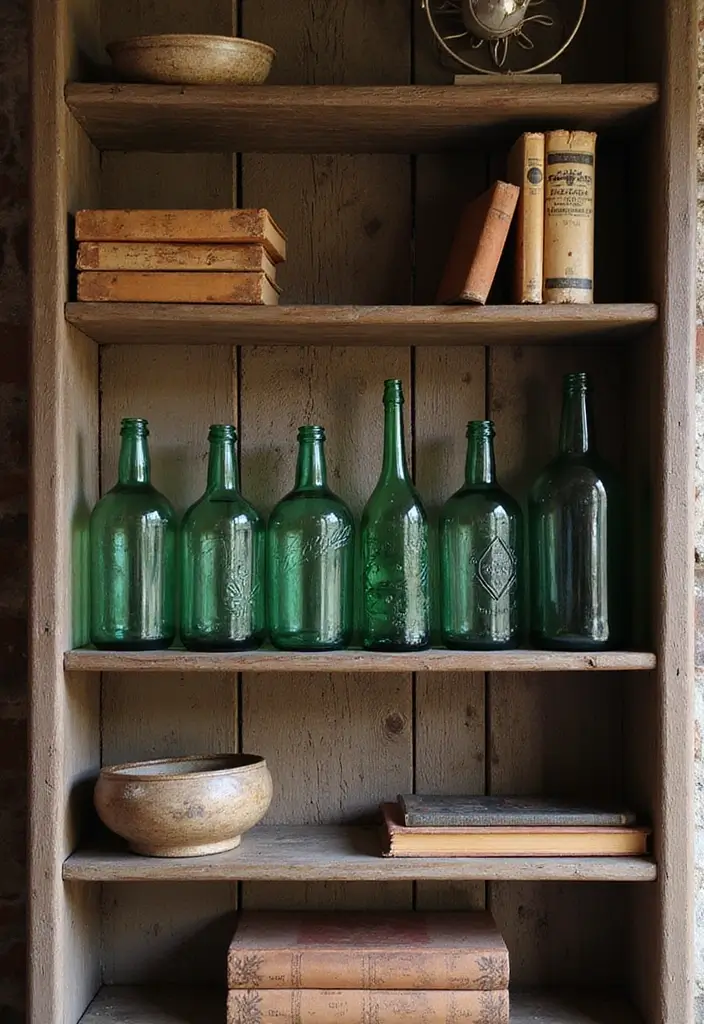 25 Green Glass Bottle Decor Ideas for Nature-Inspired Homes - 9. Rustic Green Glass Bottle Shelf