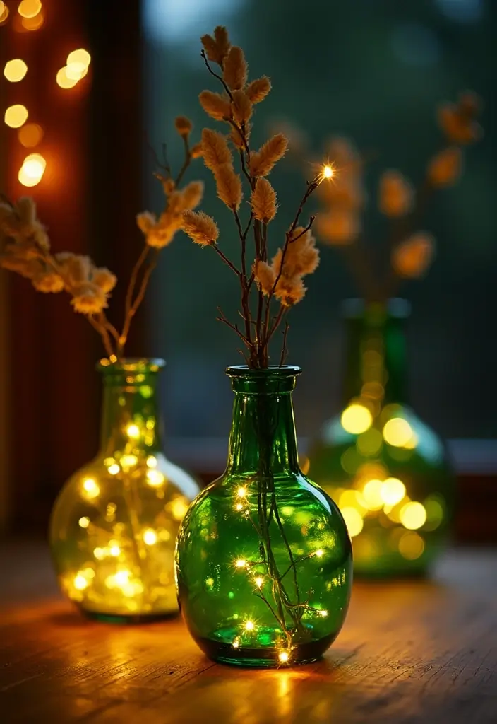 25 Green Glass Vase Decor Ideas That Bring the Outdoors In - 11. Green Glass Vases with Fairy Lights