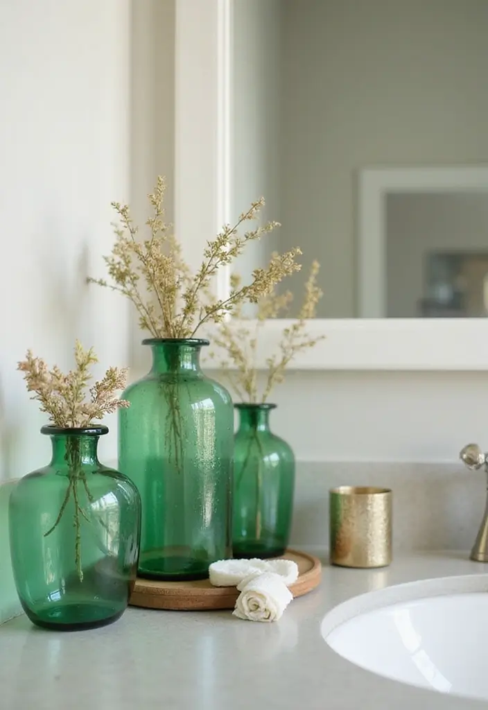 25 Green Glass Vase Decor Ideas That Bring the Outdoors In - 14. Green Glass in Bathrooms