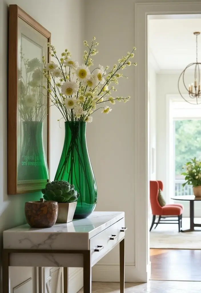 25 Green Glass Vase Decor Ideas That Bring the Outdoors In - 17. Eye-Catching Entryway Decor