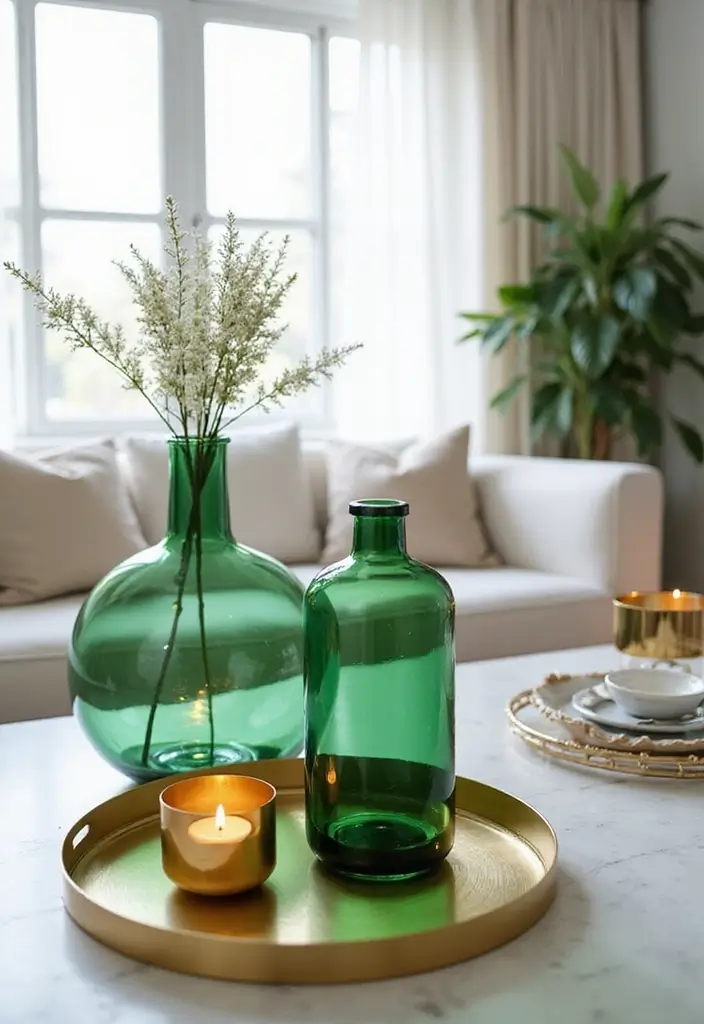 25 Green Glass Vase Decor Ideas That Bring the Outdoors In - 18. Pairing Green Glass with Metals