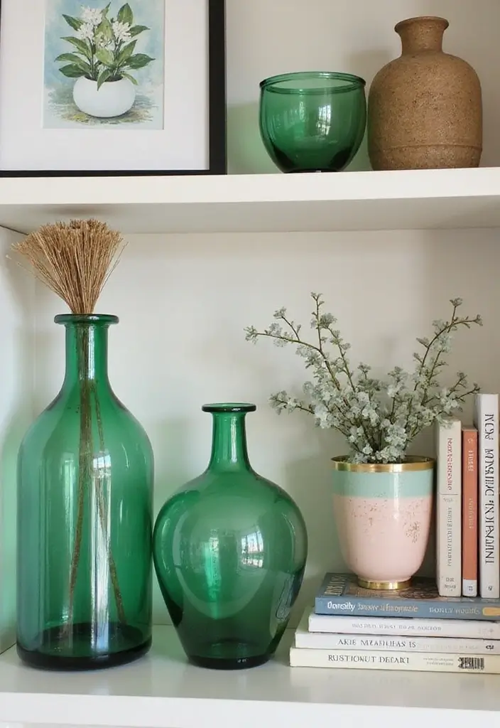 25 Green Glass Vase Decor Ideas That Bring the Outdoors In - 19. Layering with Green Glass