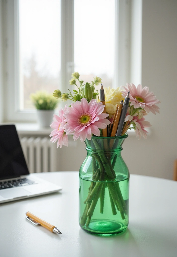 25 Green Glass Vase Decor Ideas That Bring the Outdoors In - 21. Incorporate into Your Workspaces