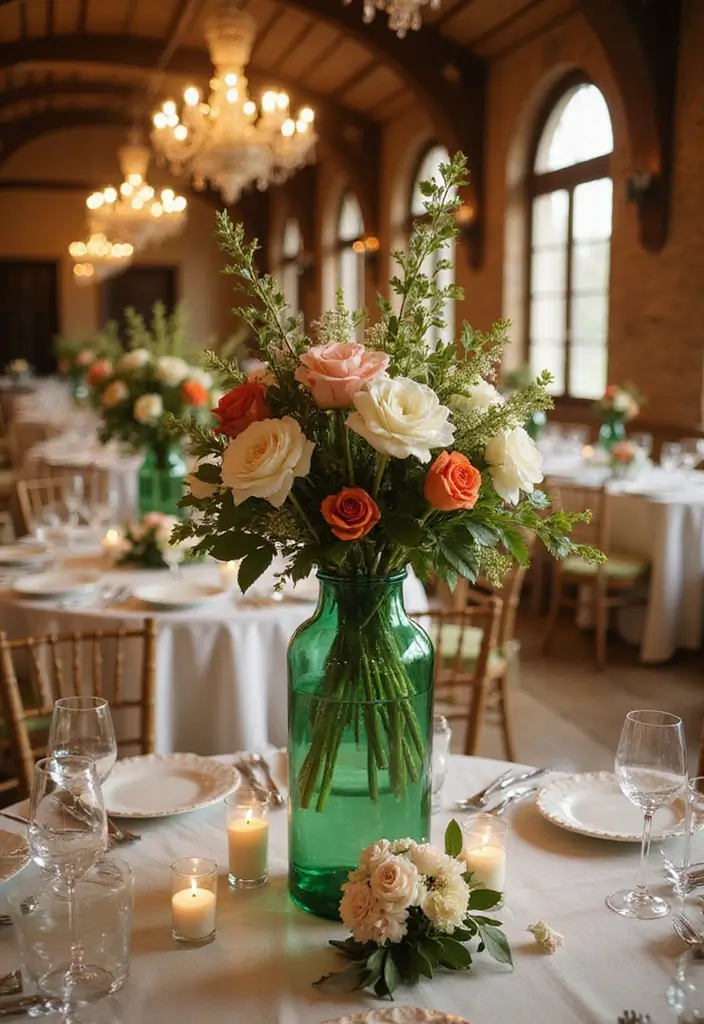 25 Green Glass Vase Decor Ideas That Bring the Outdoors In - 22. Elegant Wedding Decor