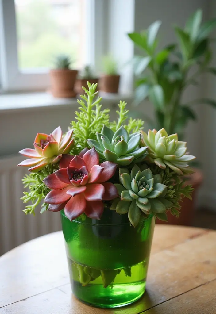 25 Green Glass Vase Decor Ideas That Bring the Outdoors In - 25. Colorful Succulent Arrangements