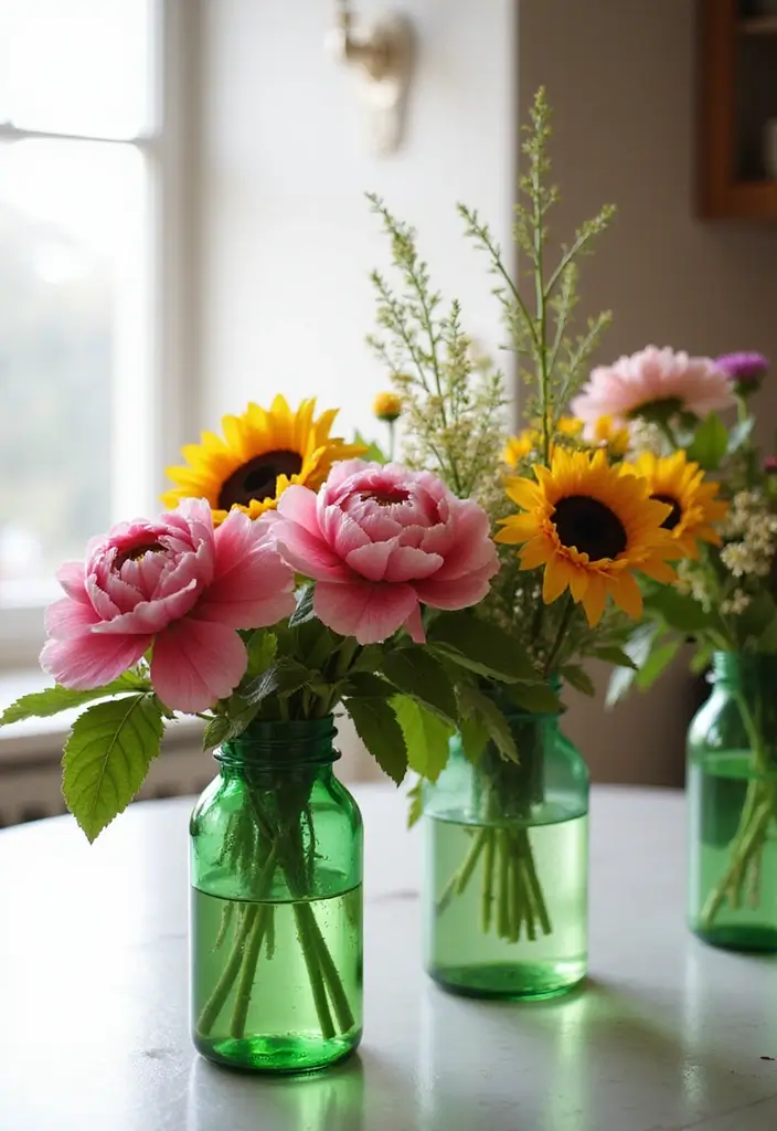 25 Green Glass Vase Decor Ideas That Bring the Outdoors In - 3. Bold, Colorful Arrangements