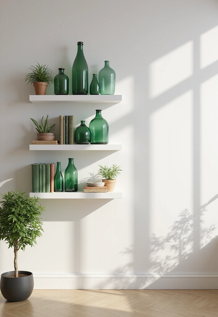 25 Green Glass Vase Decor Ideas That Bring the Outdoors In - 5. Green Glass on Floating Shelves