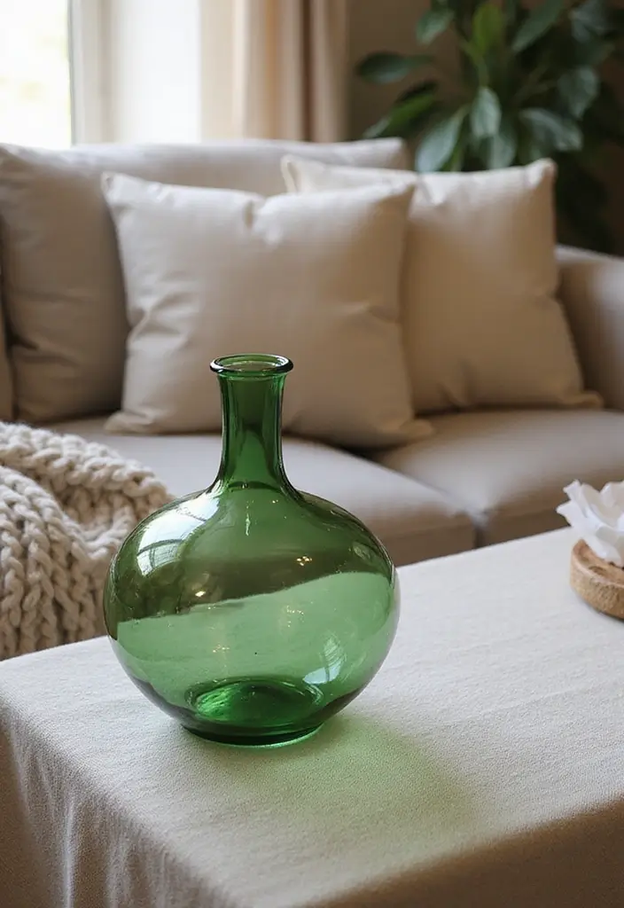 25 Green Glass Vase Decor Ideas That Bring the Outdoors In - 8. Layered Textures with Fabrics