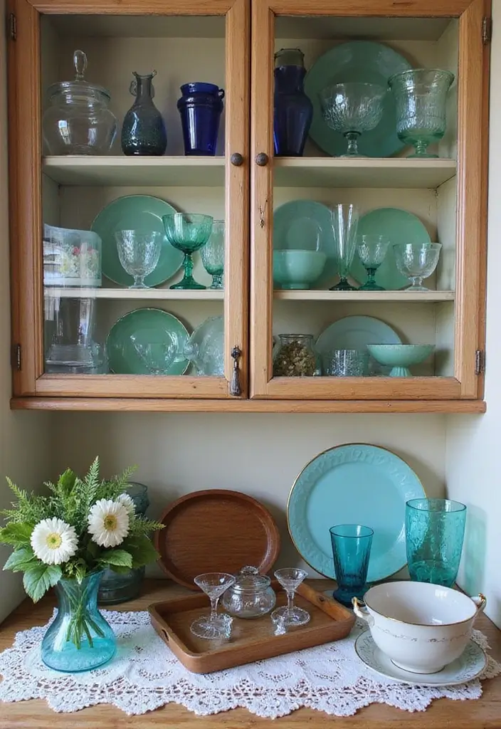 25 Kitchen Glass Cabinet Decor Ideas for Beautiful Displays - 1. Vintage Chic with Colored Glass