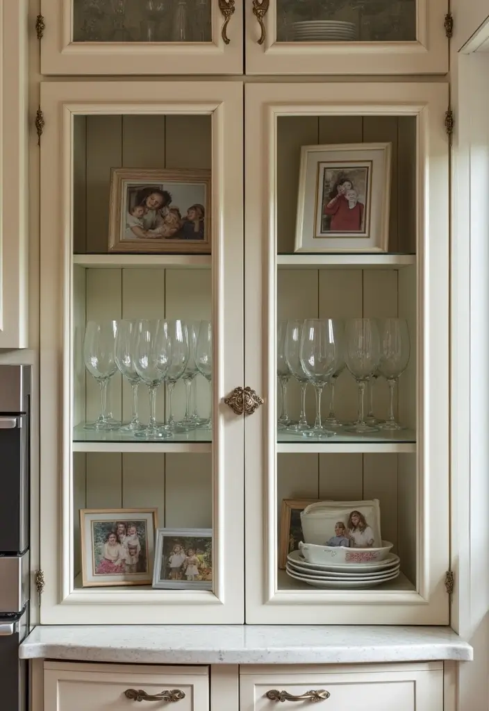 25 Kitchen Glass Cabinet Decor Ideas for Beautiful Displays - 10. Family Photo Showcase