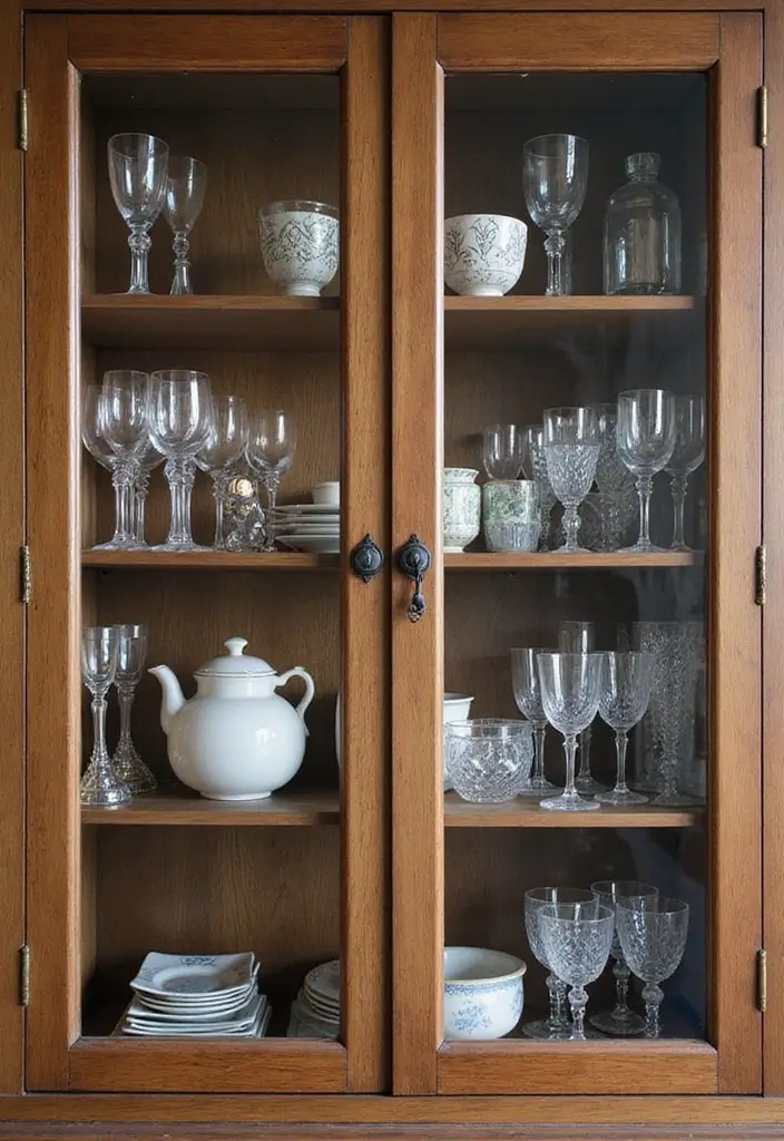 25 Kitchen Glass Cabinet Decor Ideas for Beautiful Displays - 12. Vintage Silver Accents