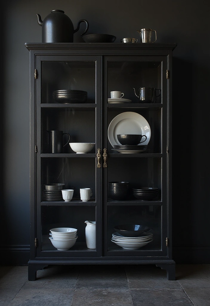 25 Kitchen Glass Cabinet Decor Ideas for Beautiful Displays - 13. High-Contrast Styling
