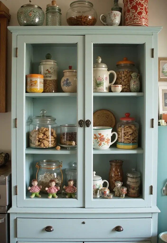 25 Kitchen Glass Cabinet Decor Ideas for Beautiful Displays - 18. Kitsch and Whimsy