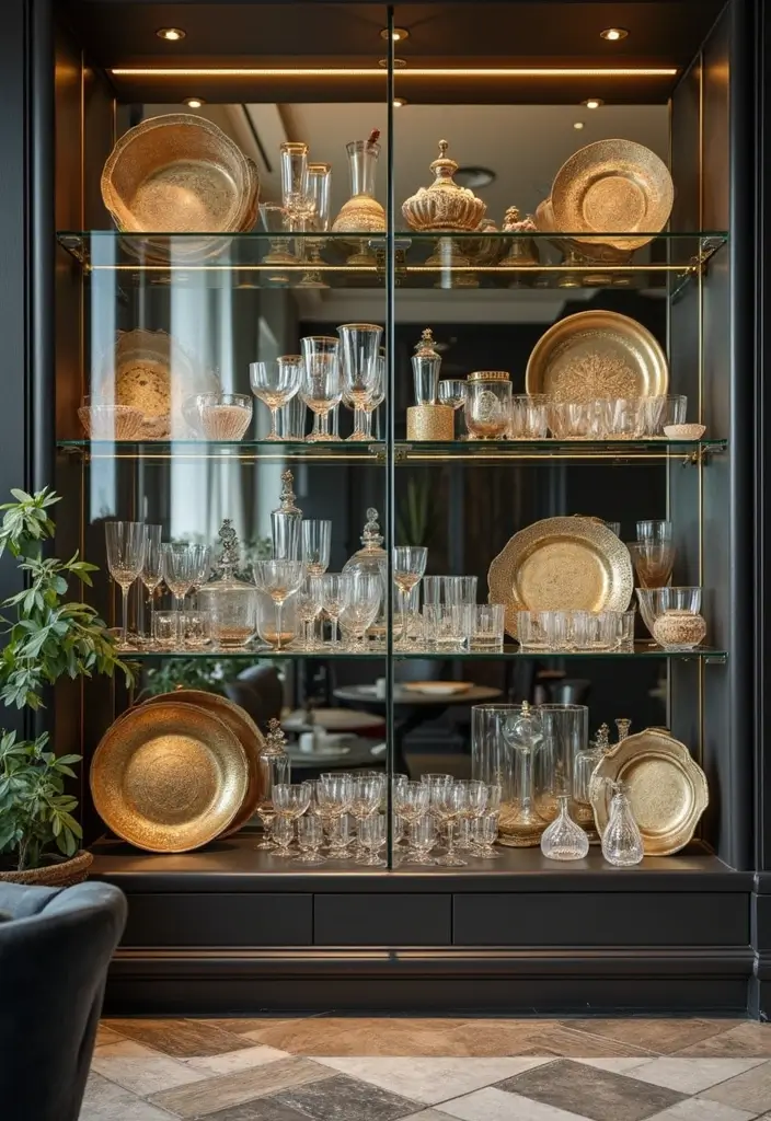 25 Kitchen Glass Cabinet Decor Ideas for Beautiful Displays - 24. Mixing with Metallics