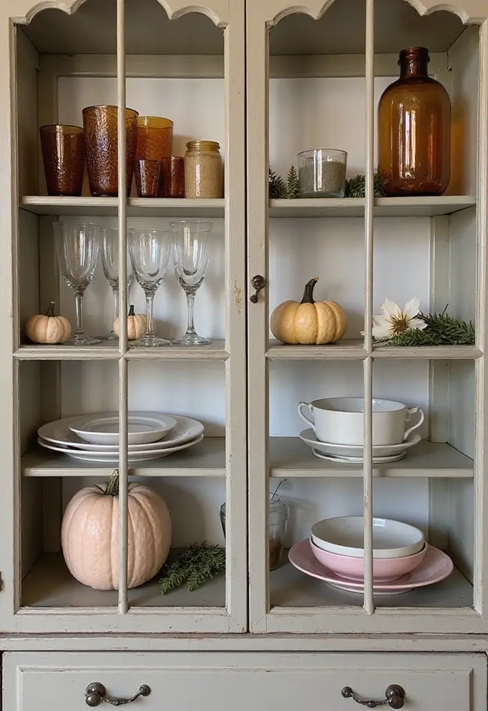 25 Kitchen Glass Cabinet Decor Ideas for Beautiful Displays - 4. Seasonal Displays